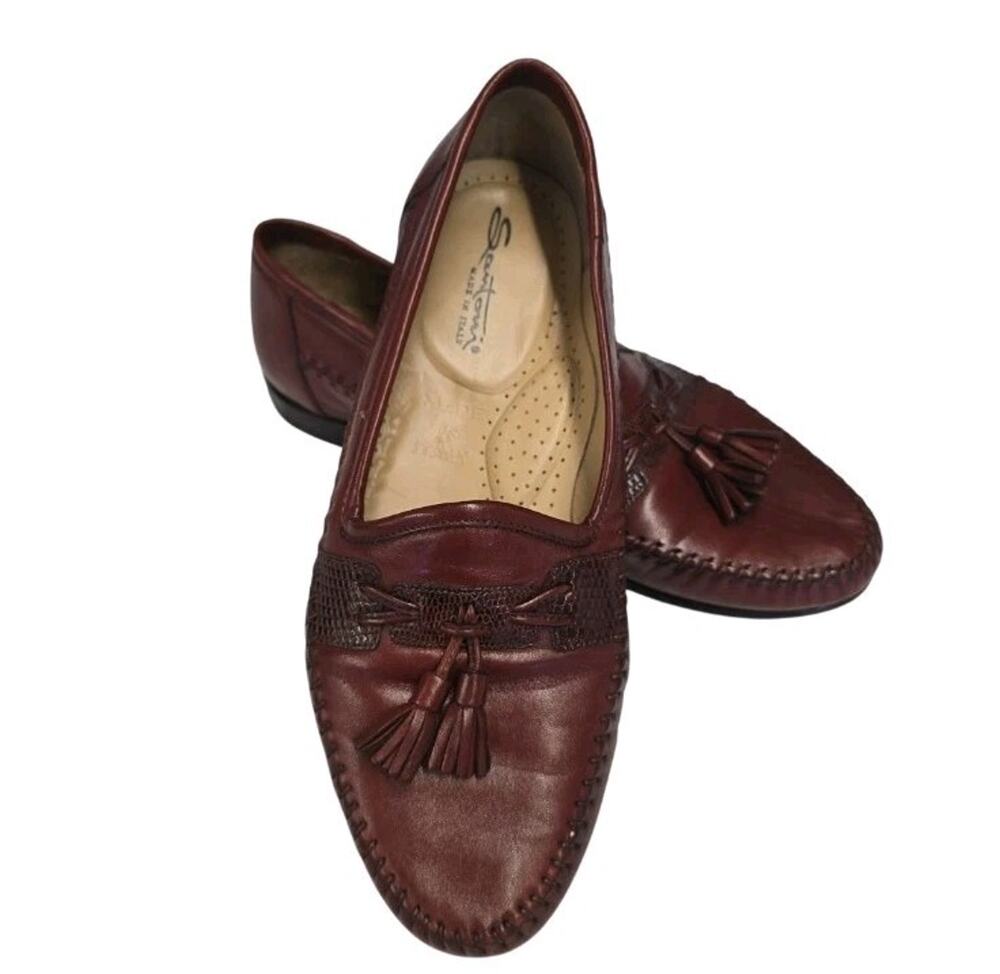 Santoni Italian Leather Tassel Loafers Men’s 9.5 EE Wide Brown Lizard Trim Italy